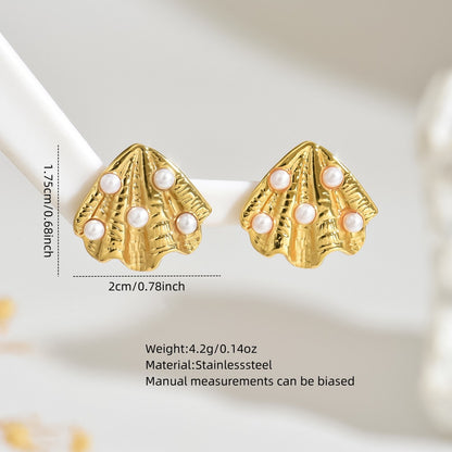 Golden Shell Pearl Stud Earrings