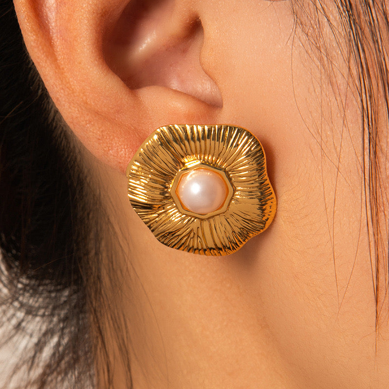 Beach ready Golden Bloom gold plated Pearl Earrings