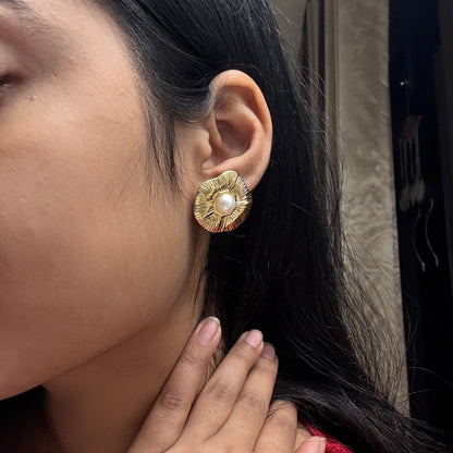 Beach ready Golden Bloom gold plated Pearl Earrings