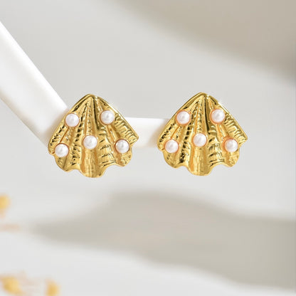 Golden Shell Pearl Stud Earrings