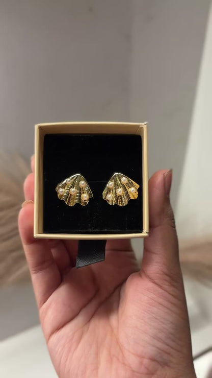 Golden Shell Pearl Stud Earrings